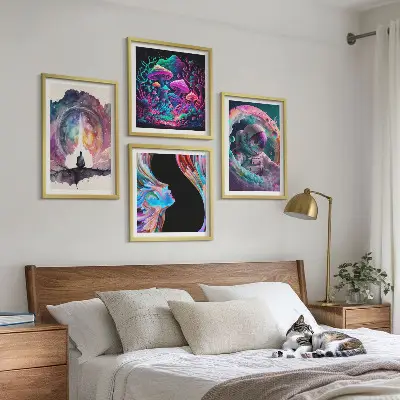 Billedsæt med ramme farverige fantasikunst-illustrationer