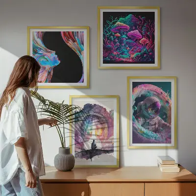 Billedsæt med ramme farverige fantasikunst-illustrationer
