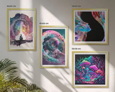 Billedsæt med ramme farverige fantasikunst-illustrationer