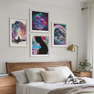 Billedsæt med ramme farverige fantasikunst-illustrationer