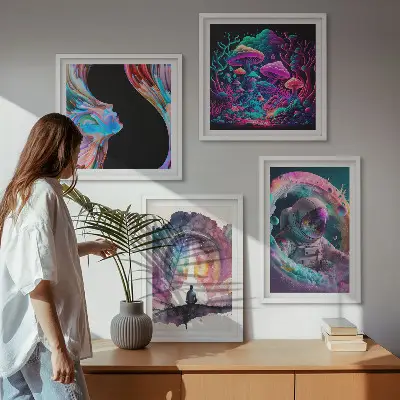 Billedsæt med ramme farverige fantasikunst-illustrationer