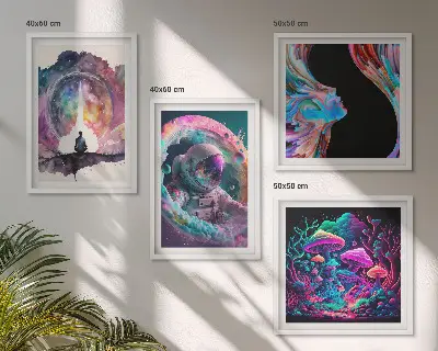 Billedsæt med ramme farverige fantasikunst-illustrationer