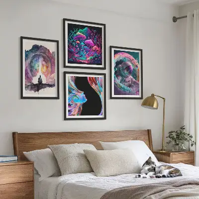 Billedsæt med ramme farverige fantasikunst-illustrationer