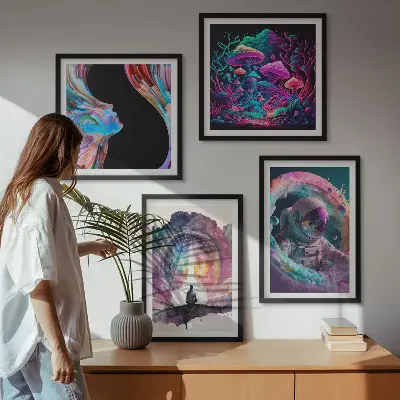 Billedsæt med ramme farverige fantasikunst-illustrationer