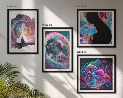 Billedsæt med ramme farverige fantasikunst-illustrationer