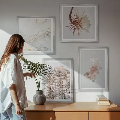Billedsæt med ramme elegant græsblomster motiv på marmorbaggrund