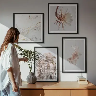 Billedsæt med ramme elegant græsblomster motiv på marmorbaggrund