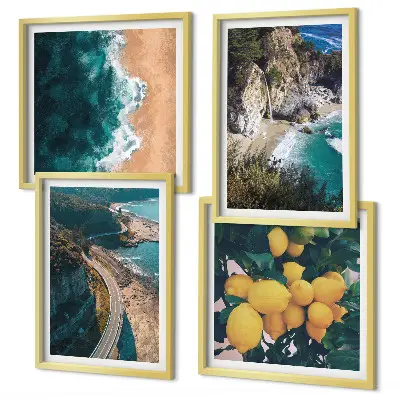 Billedsæt med ramme med motiv af hav, strand, citroner og bjerge