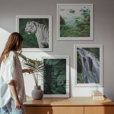 Billedvæg over sofa Hvid tiger vandfald blade