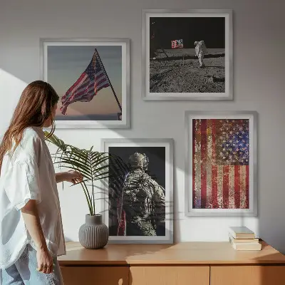 Billedvæg med amerikanske symboler USA flag motiv til over sofaen