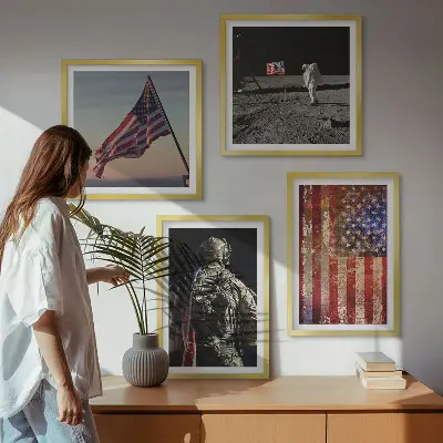 Billedvæg med amerikanske symboler USA flag motiv til over sofaen