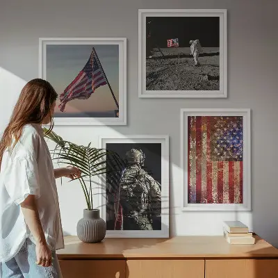 Billedvæg med amerikanske symboler USA flag motiv til over sofaen
