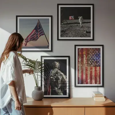 Billedvæg med amerikanske symboler USA flag motiv til over sofaen