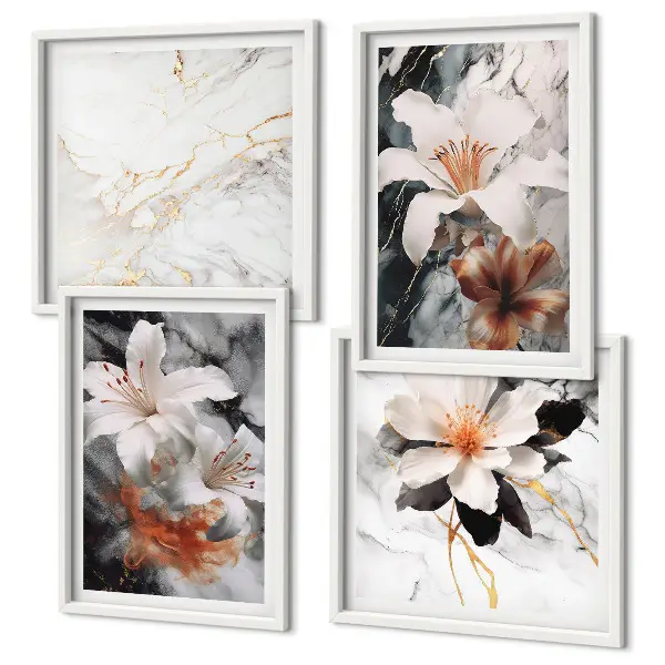 Billedsæt med ramme blomster med hvidt og sort marmordesign