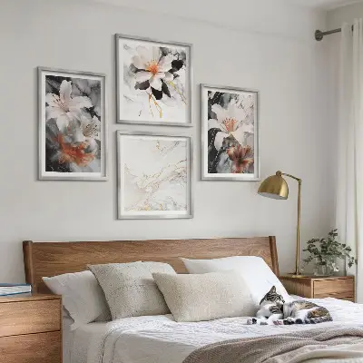 Billedsæt med ramme blomster med hvidt og sort marmordesign