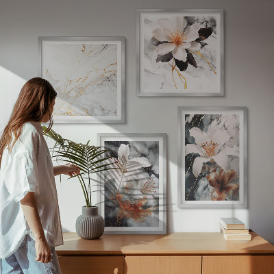 Billedsæt med ramme Blomster marmor hvid sort