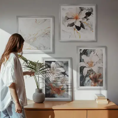 Billedsæt med ramme blomster med hvidt og sort marmordesign