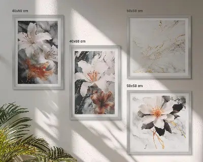 Billedsæt med ramme blomster med hvidt og sort marmordesign