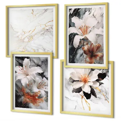 Billedsæt med ramme blomster med hvidt og sort marmordesign