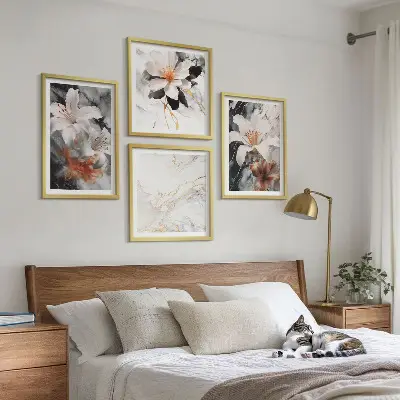 Billedsæt med ramme blomster med hvidt og sort marmordesign