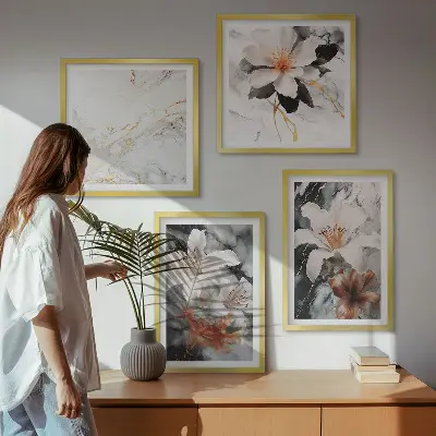 Billedsæt med ramme blomster med hvidt og sort marmordesign
