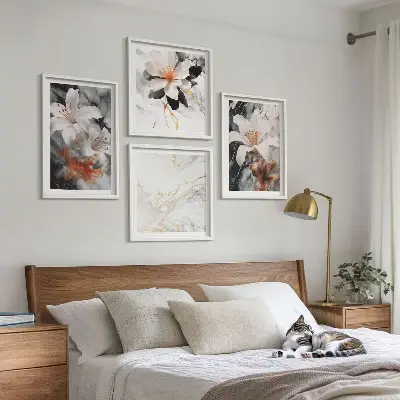 Billedsæt med ramme blomster med hvidt og sort marmordesign