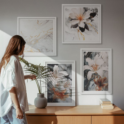 Billedsæt med ramme Blomster marmor hvid sort