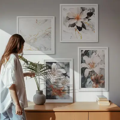 Billedsæt med ramme blomster med hvidt og sort marmordesign