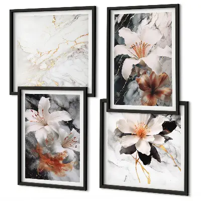 Billedsæt med ramme blomster med hvidt og sort marmordesign