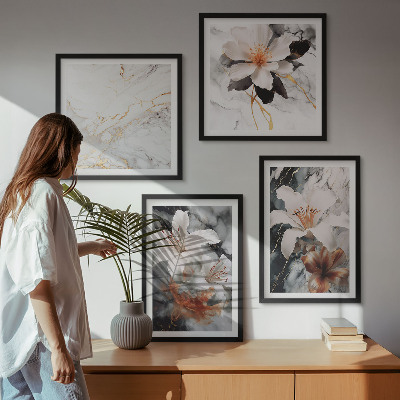 Billedsæt med ramme Blomster marmor hvid sort
