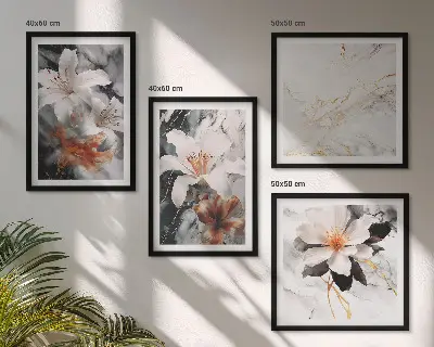 Billedsæt med ramme blomster med hvidt og sort marmordesign
