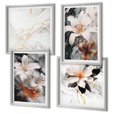 Billedsæt med ramme blomster med hvidt og sort marmordesign