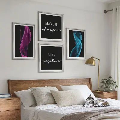 Billedvæg over sofa med neonlinjer i bølgemønster