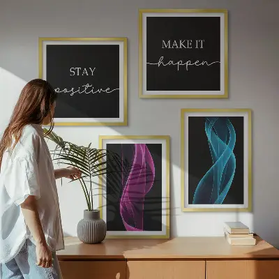 Billedvæg over sofa med neonlinjer i bølgemønster