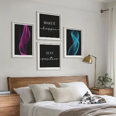 Billedvæg over sofa med neonlinjer i bølgemønster
