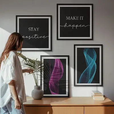 Billedvæg over sofa med neonlinjer i bølgemønster