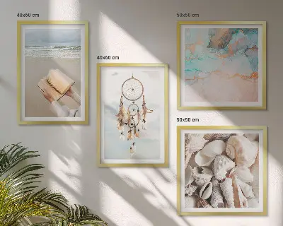 Billedvæg med konkylier i boho-stil bog med muslingeskaller