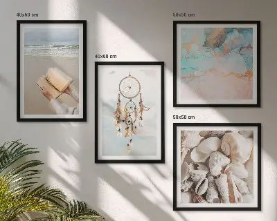 Billedvæg med konkylier i boho-stil bog med muslingeskaller
