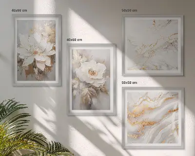 Billedvæg over sofa med abstrakt blomstermotiv i marmorstil