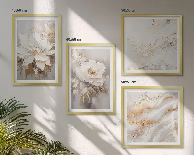 Billedvæg over sofa med abstrakt blomstermotiv i marmorstil