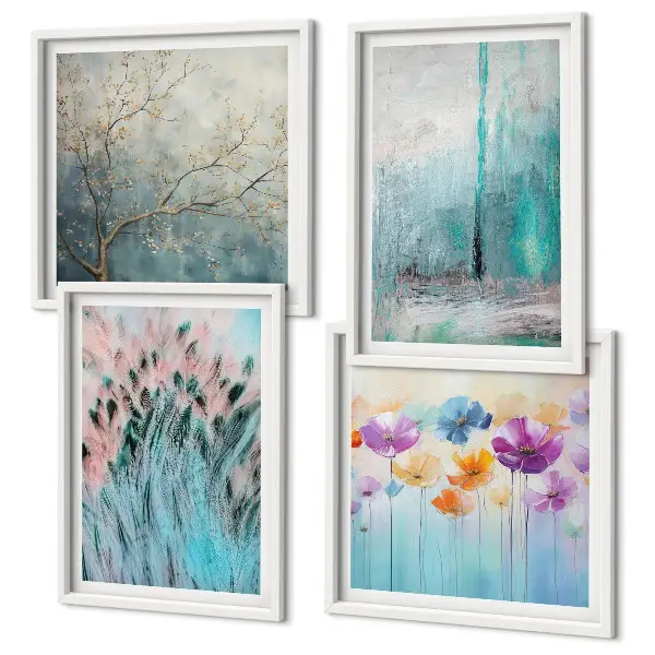 Billedvæg over sofa med mønster af pastelblomster
