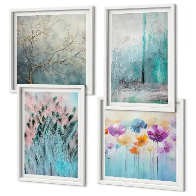 Billedvæg over sofa med mønster af pastelblomster