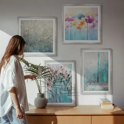 Billedvæg over sofa med mønster af pastelblomster
