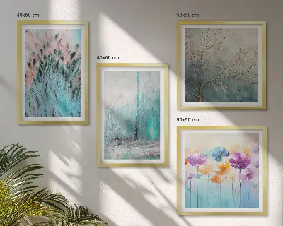 Billedvæg over sofa med mønster af pastelblomster
