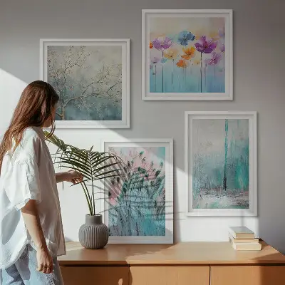 Billedvæg over sofa med mønster af pastelblomster