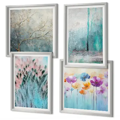 Billedvæg over sofa med mønster af pastelblomster