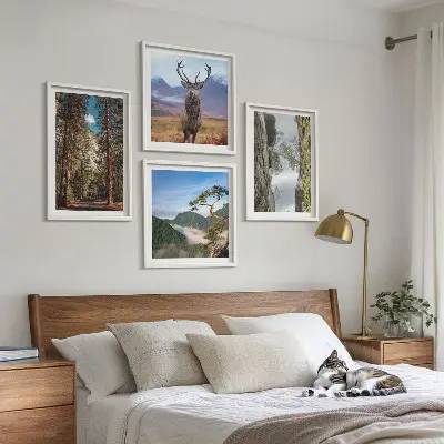 Billedsæt med ramme med motiv af vej, skov, bjerge og hjorte i naturen