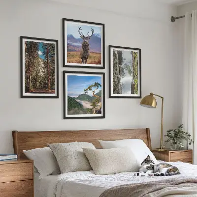 Billedsæt med ramme med motiv af vej, skov, bjerge og hjorte i naturen