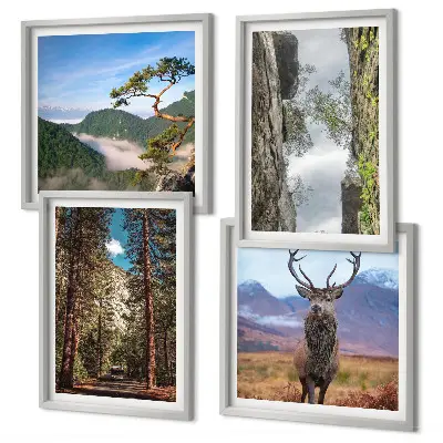 Billedsæt med ramme med motiv af vej, skov, bjerge og hjorte i naturen