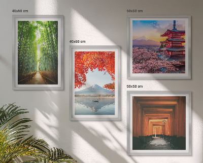Billedvæg over sofa Fuji Torii bambus skov Japan